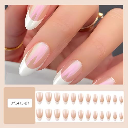 SINSEN Almond French Tip Press on Nails Medium Fake Nails White French style3