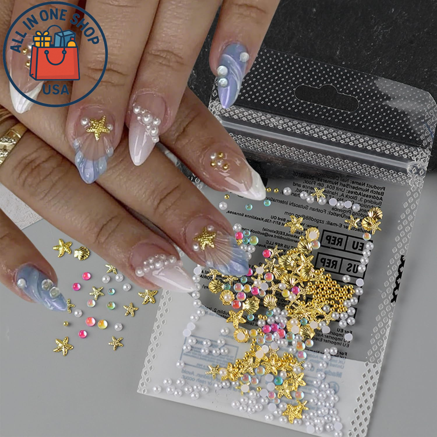 Summer Ocean Nail Art Charms – 3D Gold Starfish & Shell with Pearls