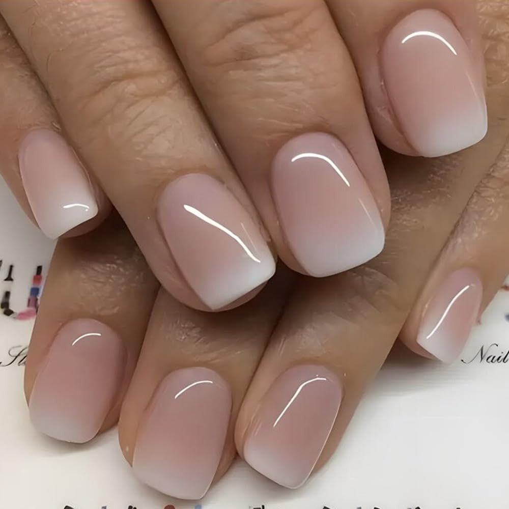 French Tip Press on Nails Short Square Fake Nails Pink White Gradient style1