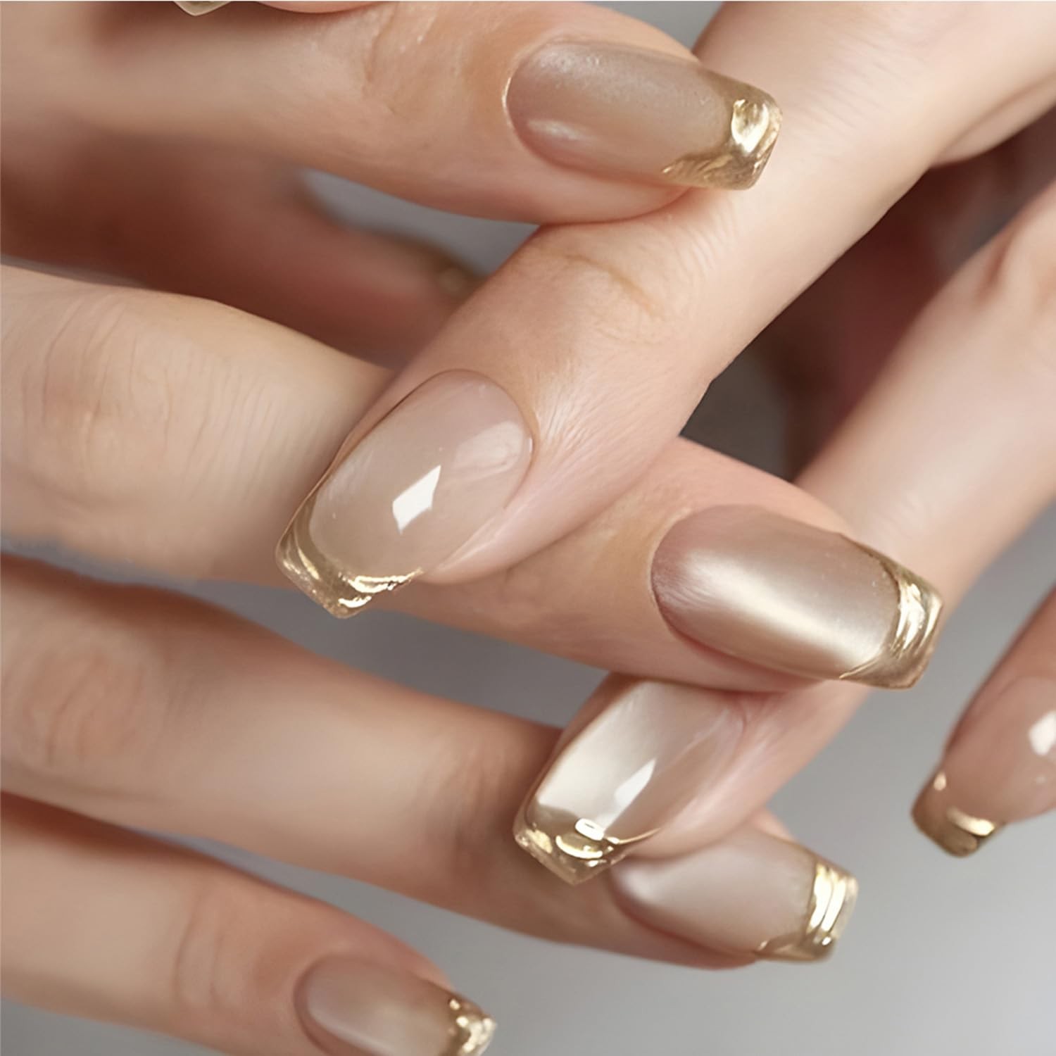 Gold French Tip Press On Nails for Women, Glossy Short, 024-Gold