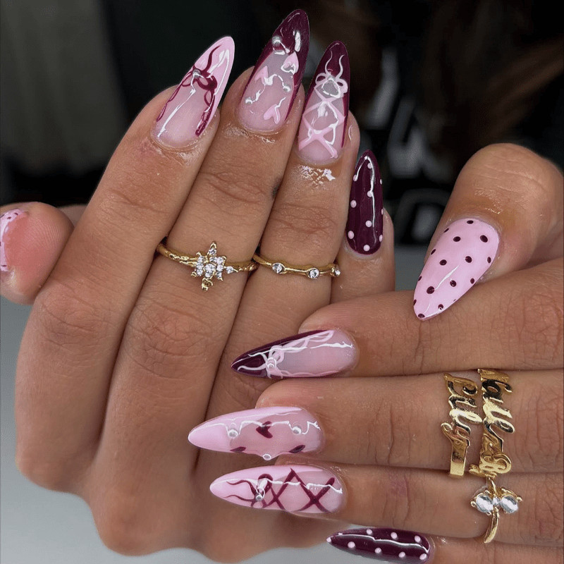 48pcs Almond Press on Nails, Burgundy Pink Heart Lace Hand Drawn Glam Nails