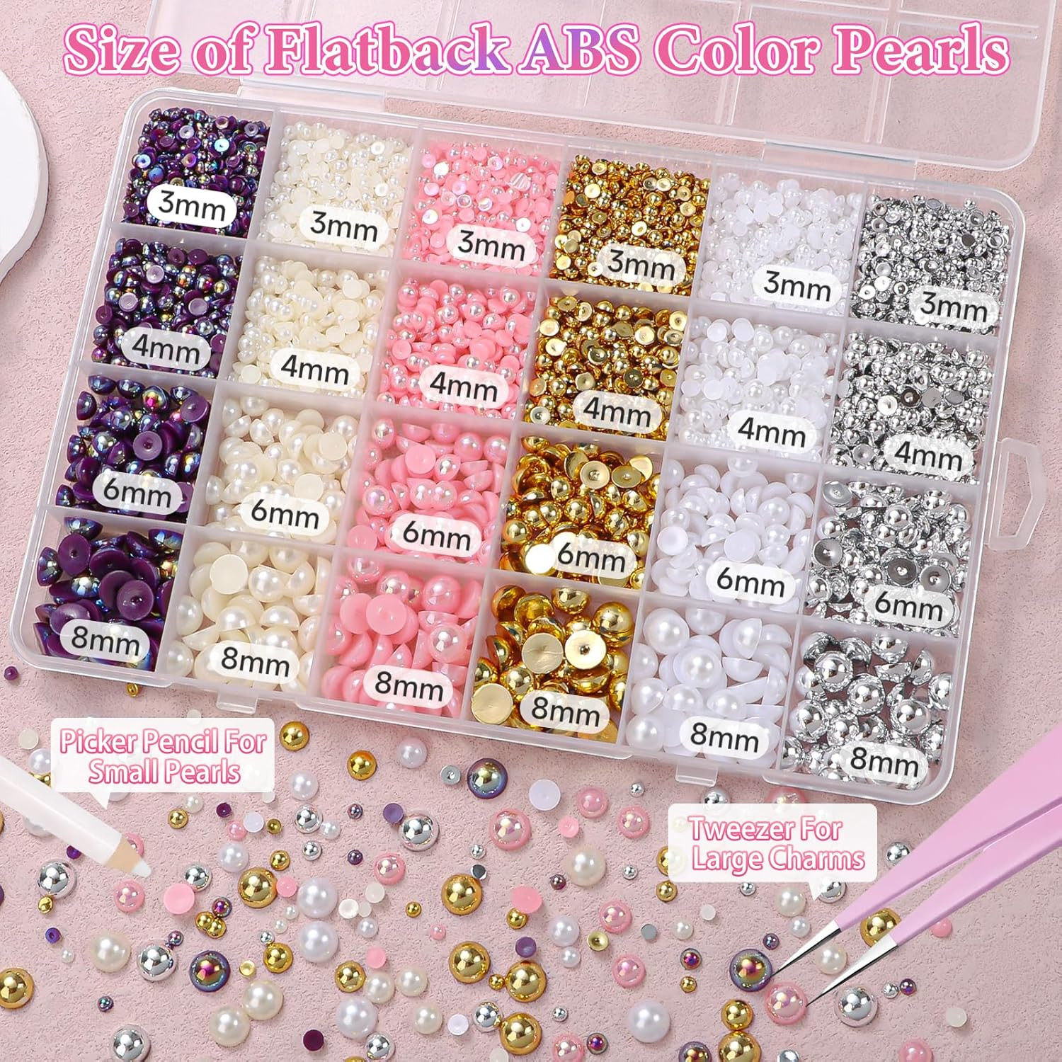 9000Pcs Flatback Pearls for Crafting, Silver Gold White Nail Half Pearls, 3-8Mm