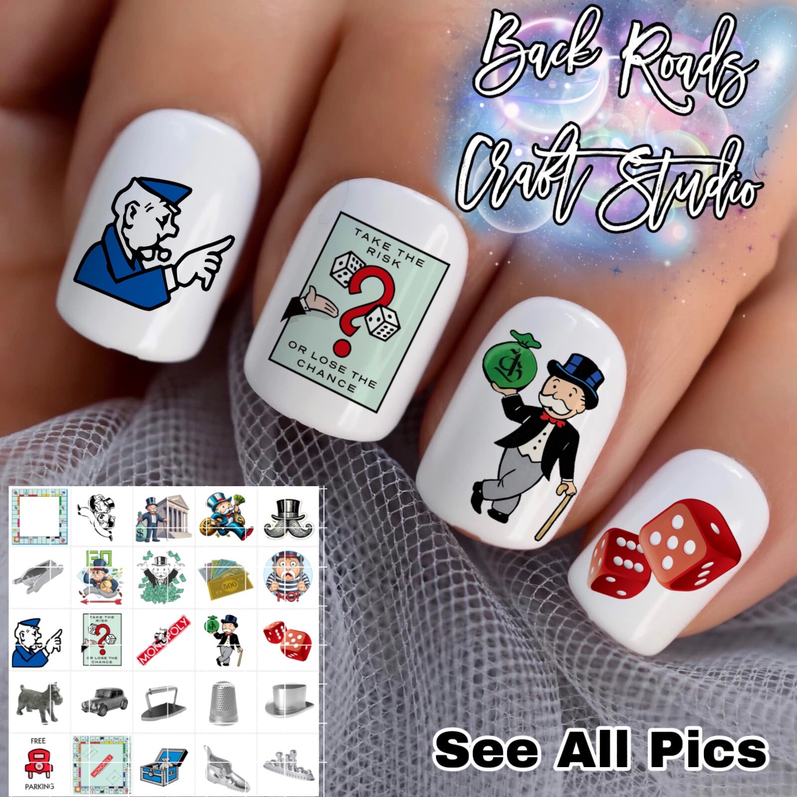 Monopoly Game Waterslide Nail Art Decals Set Of 50 Instructions Bonus