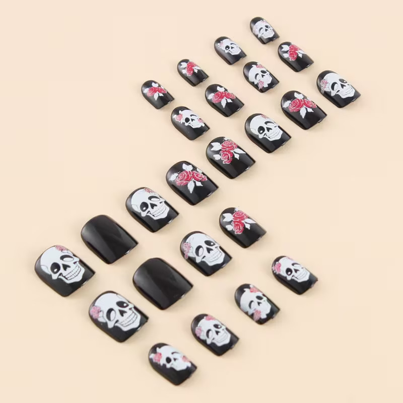 24pcs Halloween Medium Square Press-On Nails, Glossy Black & Skull & Red Rose