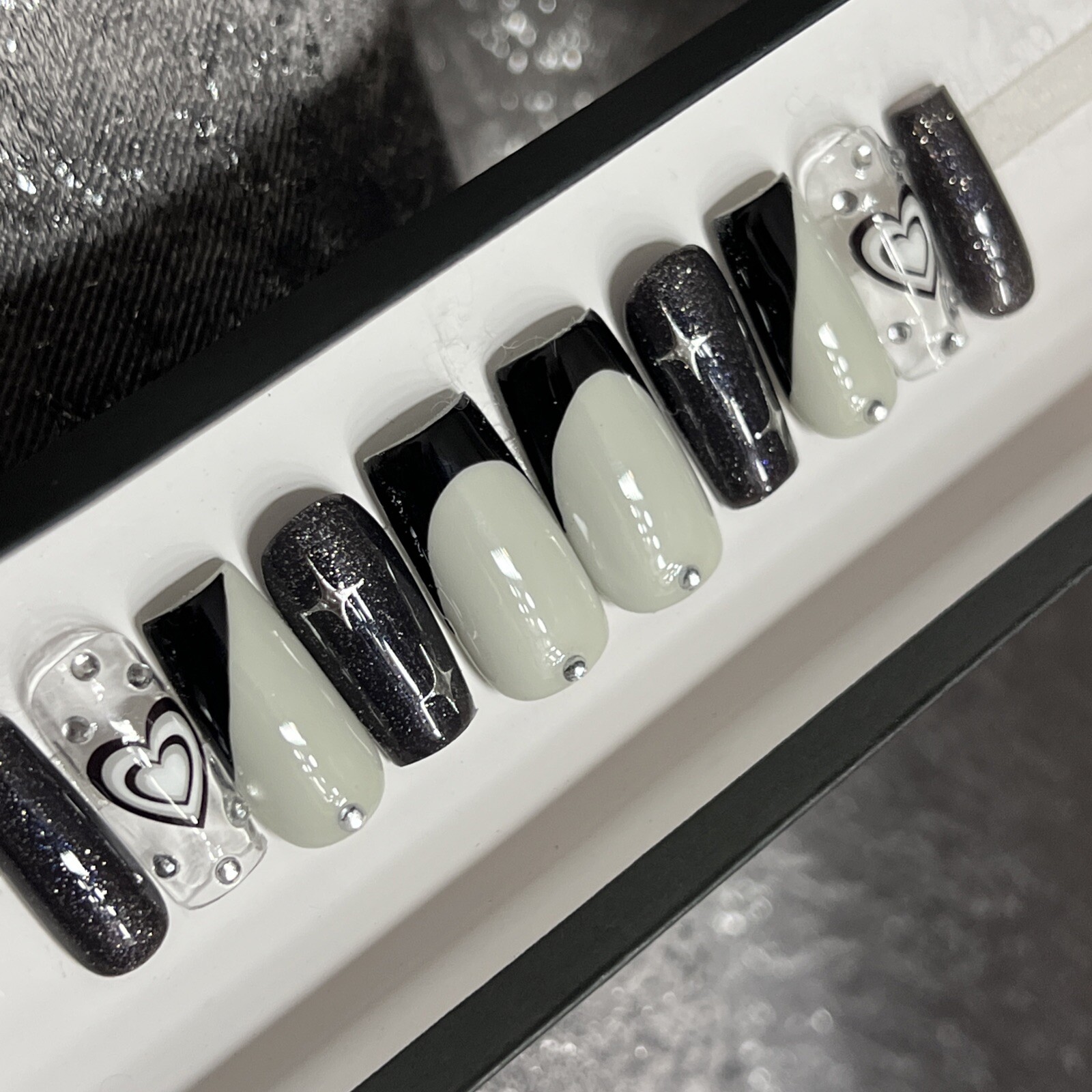 🤍 CUSTOM Hard Gel Press On Nails Black GREY HEART Bling 10p FULL SET SQUARE