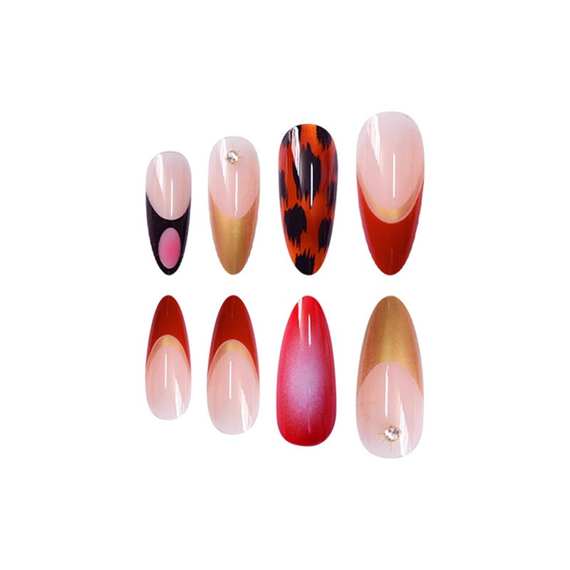 Leopard Print French Nails Patch Red Black Contrast Long Stylish Tips