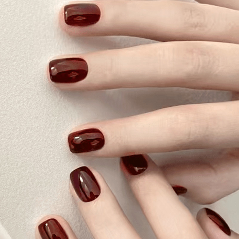 64Pcs Dark Wine Red Short Square Press on Nails, Bright Warm Nude Fake Nails