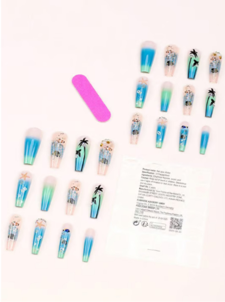 Blue Rhinestones Pearl Palm Tree Ocean Summer Style Press On Nails NEW coffin