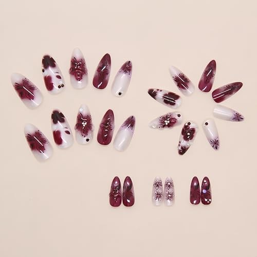 24Pcs Burgundy Gradient Flower Press on Nails Medium Almond Fake Nails gradient