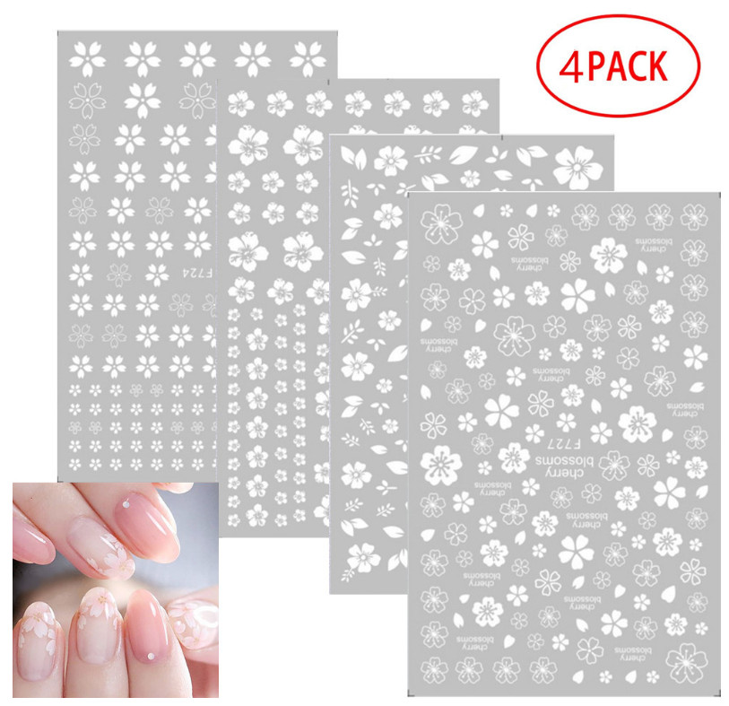 4Pcs Set 3D Nail Stickers White Flowers Adhesive Nail Art Decals Manicure NS44
