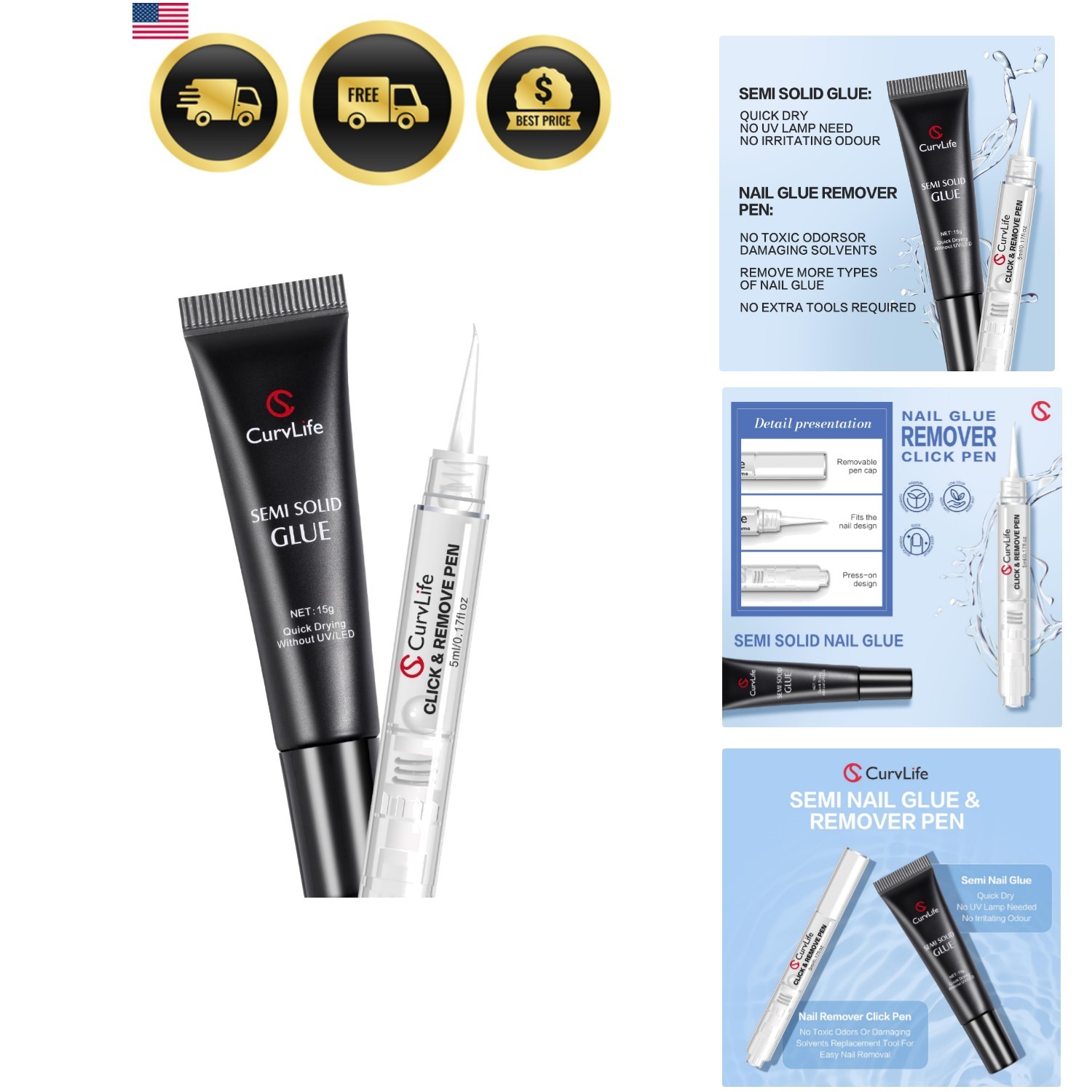 15g Semi Solid Nail Glue Gel with 5ml 3 in 1Nail Glue Remover, No Need for Uv…