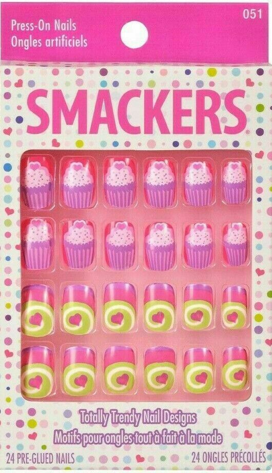 (3 PACK) SMACKERS 24 Pre-Glued Press-on Nails Cupcakes Hearts Pink Purple Sealed