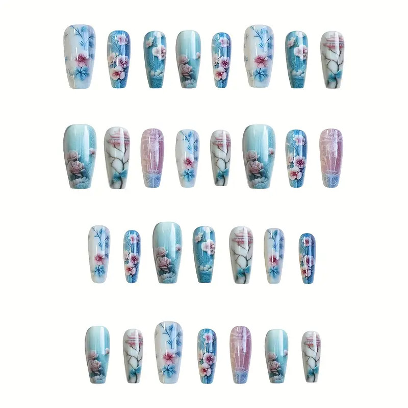 24pc Blue Pink Flowers Floral Sakura Cherry Blossom Press On Nails Long Ballet