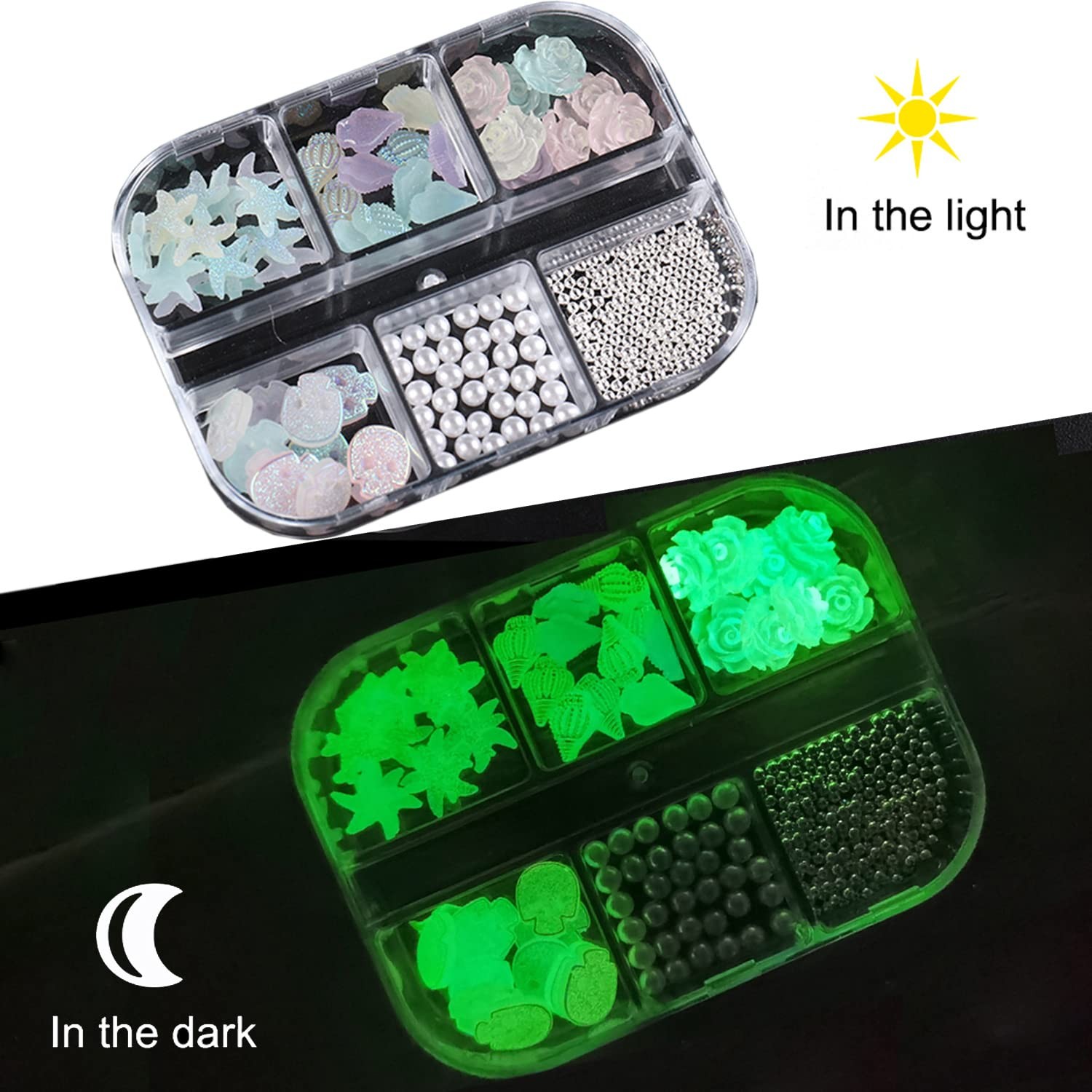 Luminous Nail Decorations – Mixed Flowers Conch Starfish Skull Pearl Glitter …
