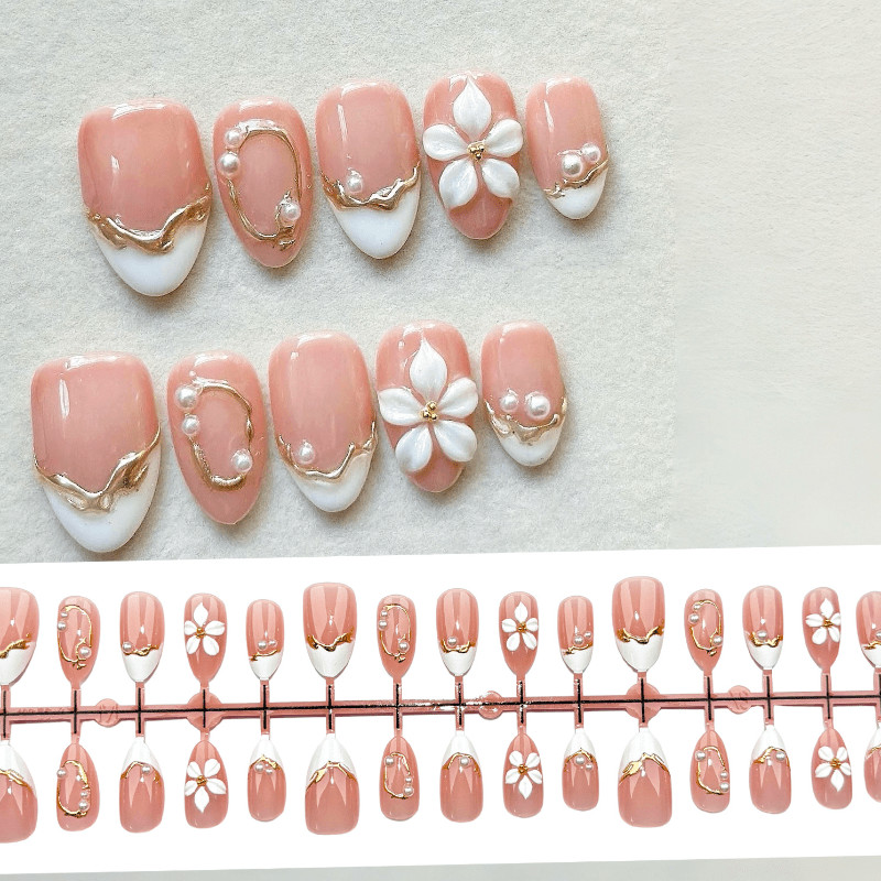 30pcs-Nude White Almond Press on Nails French Tip 3D Flower Pearl Gold Accents