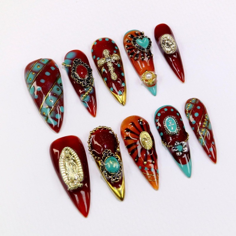 Virgin Cross Handmade Press on Nails Turquoise Red Gold Western Gloss Fake Nails