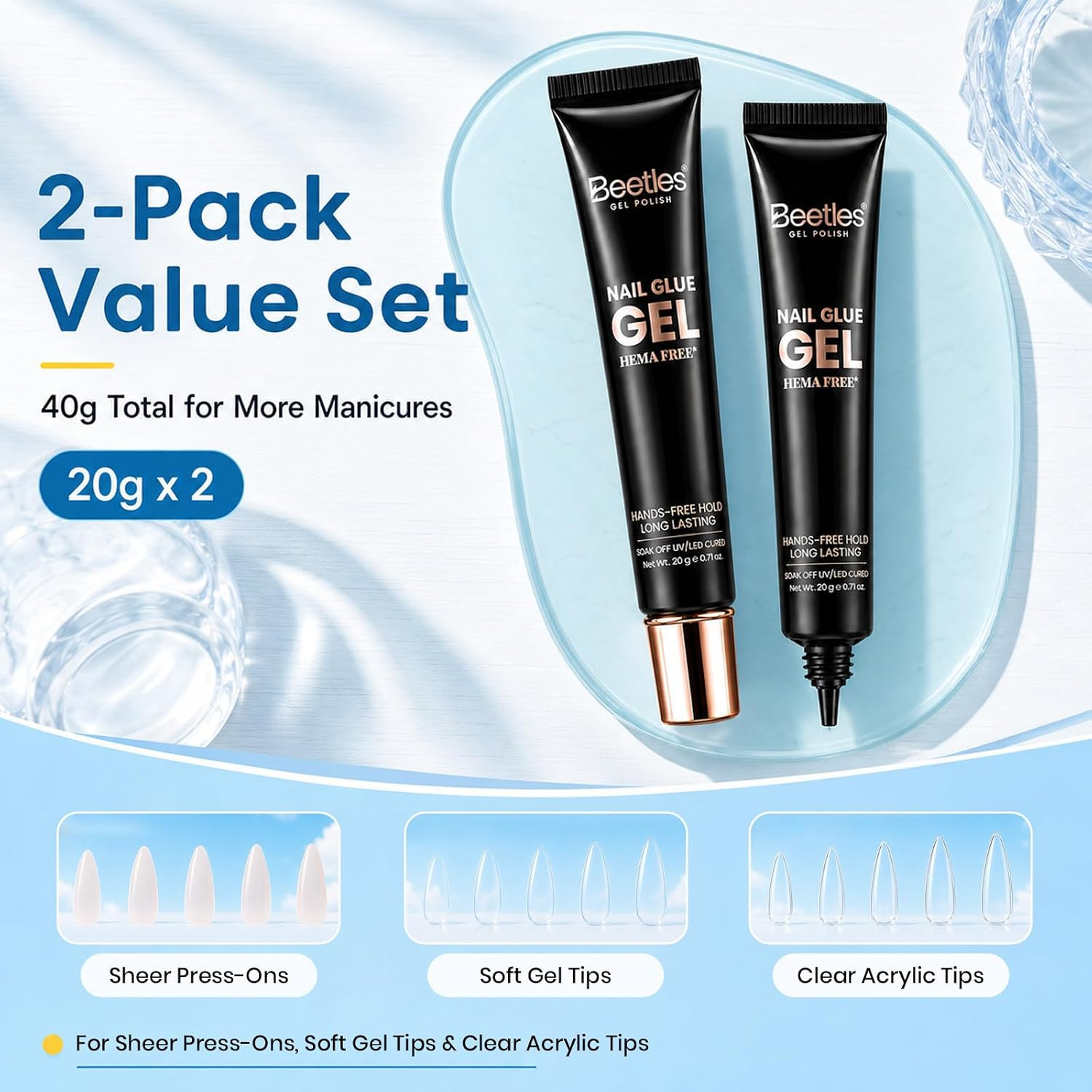 Beetles 2Pcs*20G UV Nail Glue, Hands-Free Soft Nail Tips Glue, HEMA Free | Super