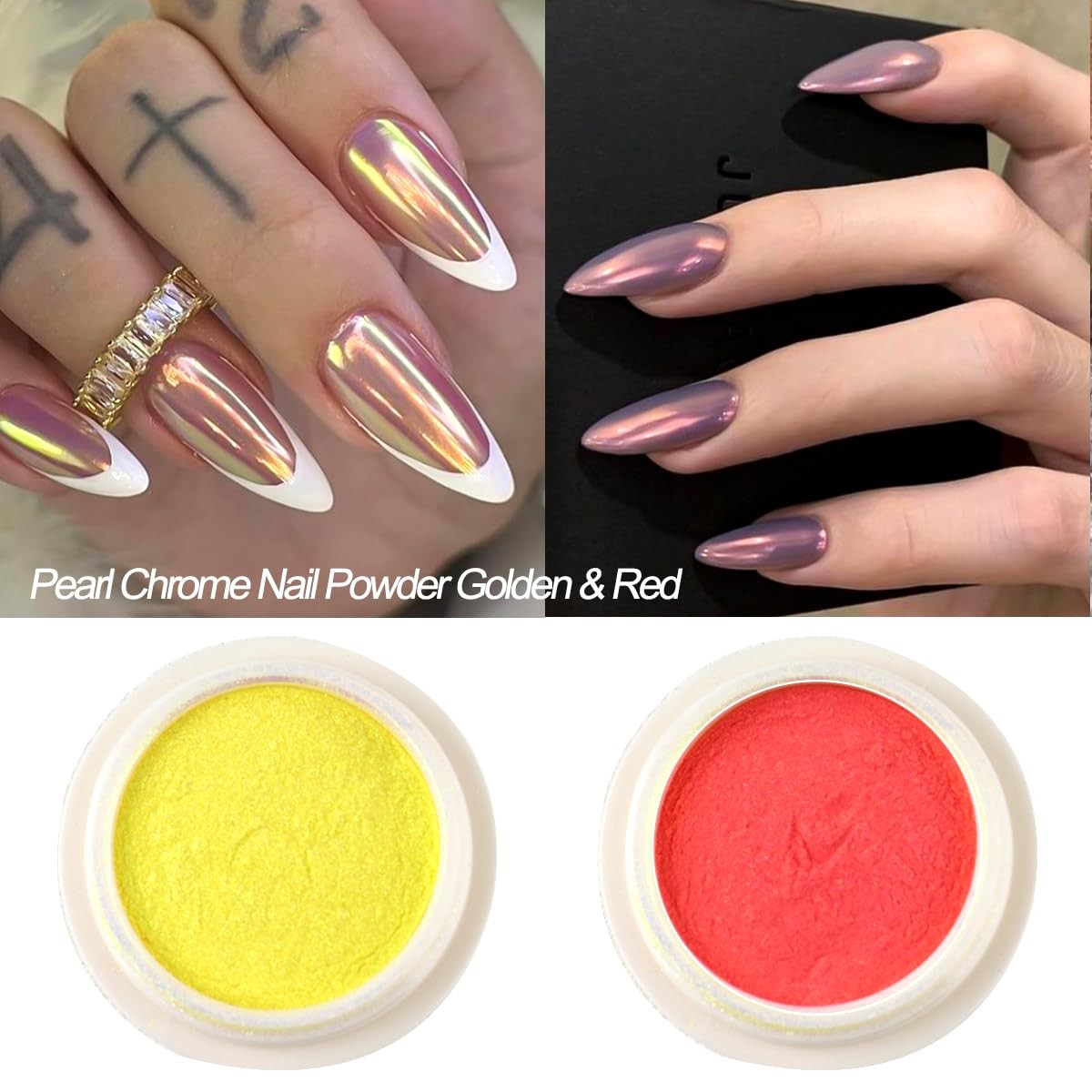 2 Jars Chrome Nail Powder Red and Gold Aurora, Iridescent Fairy Fine Chrome S…