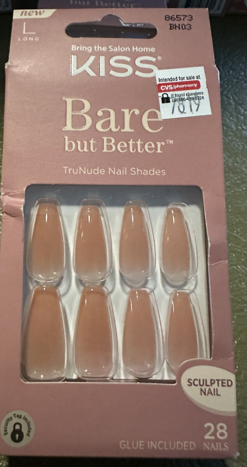 Kiss Nails Bare Glue or Press on Manicure Long Natural Almond Pink TruNude