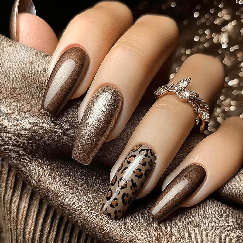 48 Pieces of High-end Brown Gold Leopard Print Fake Nails – Removable Nail Art