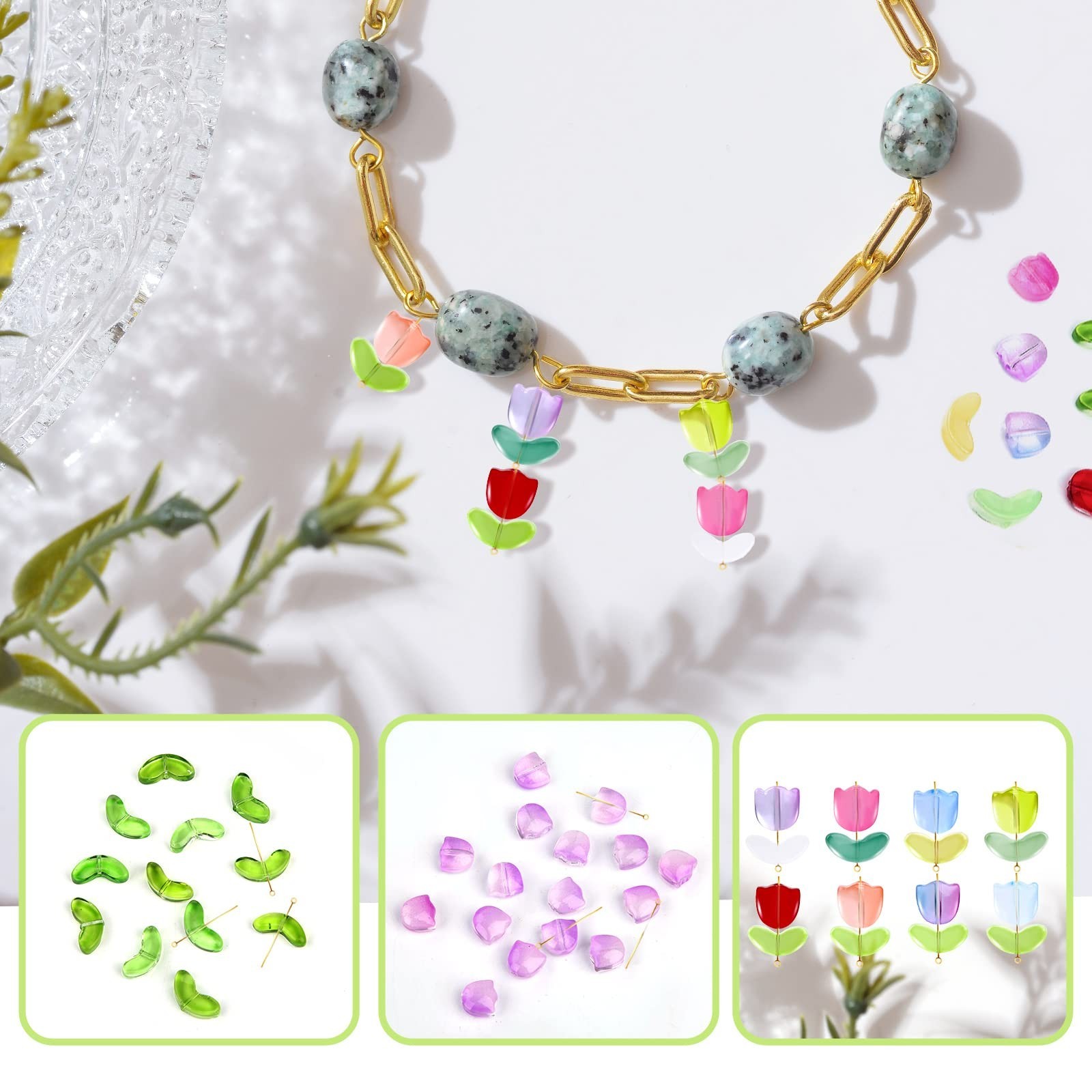 160pcs Tulip Flower Beads, Colorful Translucent Glass Flower Beads Handcraft …