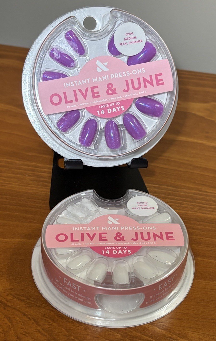 2Pk Olive & June Press-On Nails Oval Round Petal Milky Shimmer Short Medium