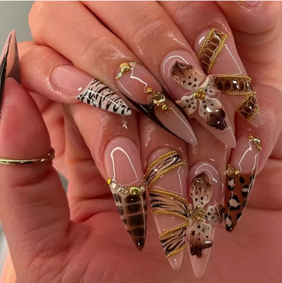 24 Pieces Press-on Nails -Long Almond Pointed Glossy Browns Animal Flowers 3D