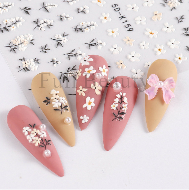 5D Embossed White Love Flower Bunny Daisy Fingers Toe Nail Art Stickers NS25