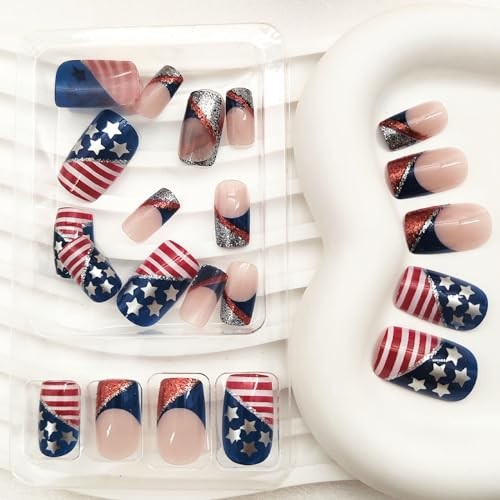 4th of July Press on Nails Short Square Short Square Star Glitter Red Blue