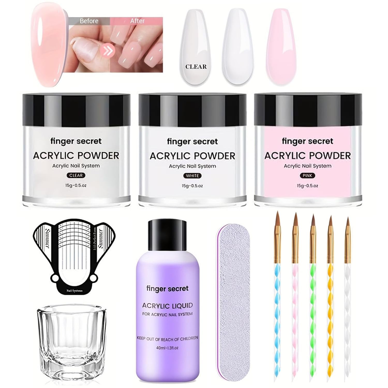 finger secret Basic Acrylic Nail Kit,Acrylic Powder and Liquid Multicolor-A2