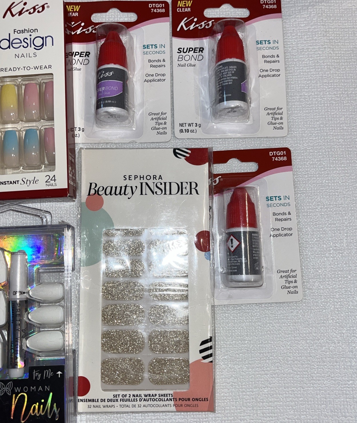 Large Press On Fake Nail & Nail Glue Lot 9 NEW items 109 Nails 2 Nail Wrap Sheet