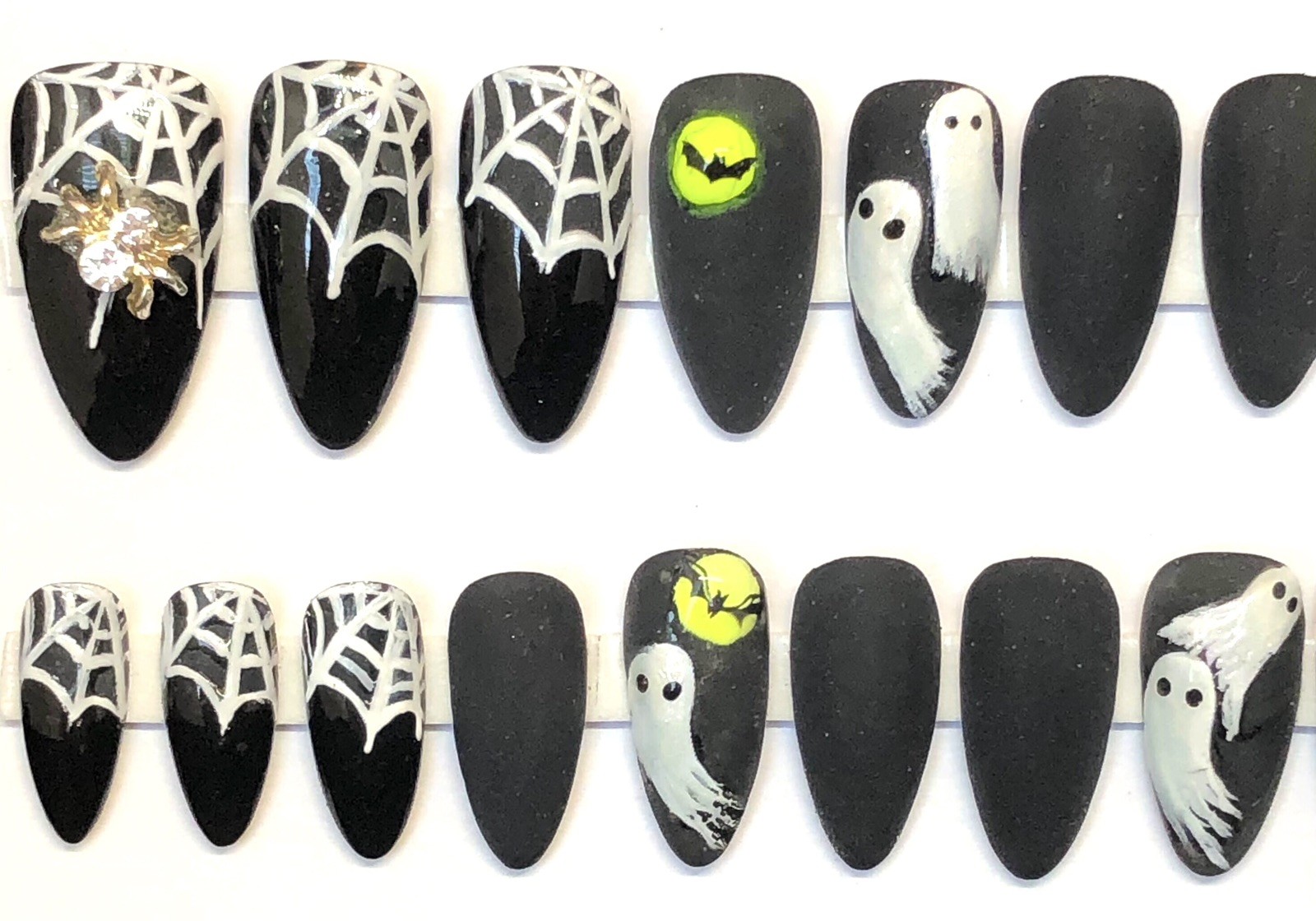 Handmade Custom Press On Nails Med Almond Ghosts Spiders Black Halloween Nails