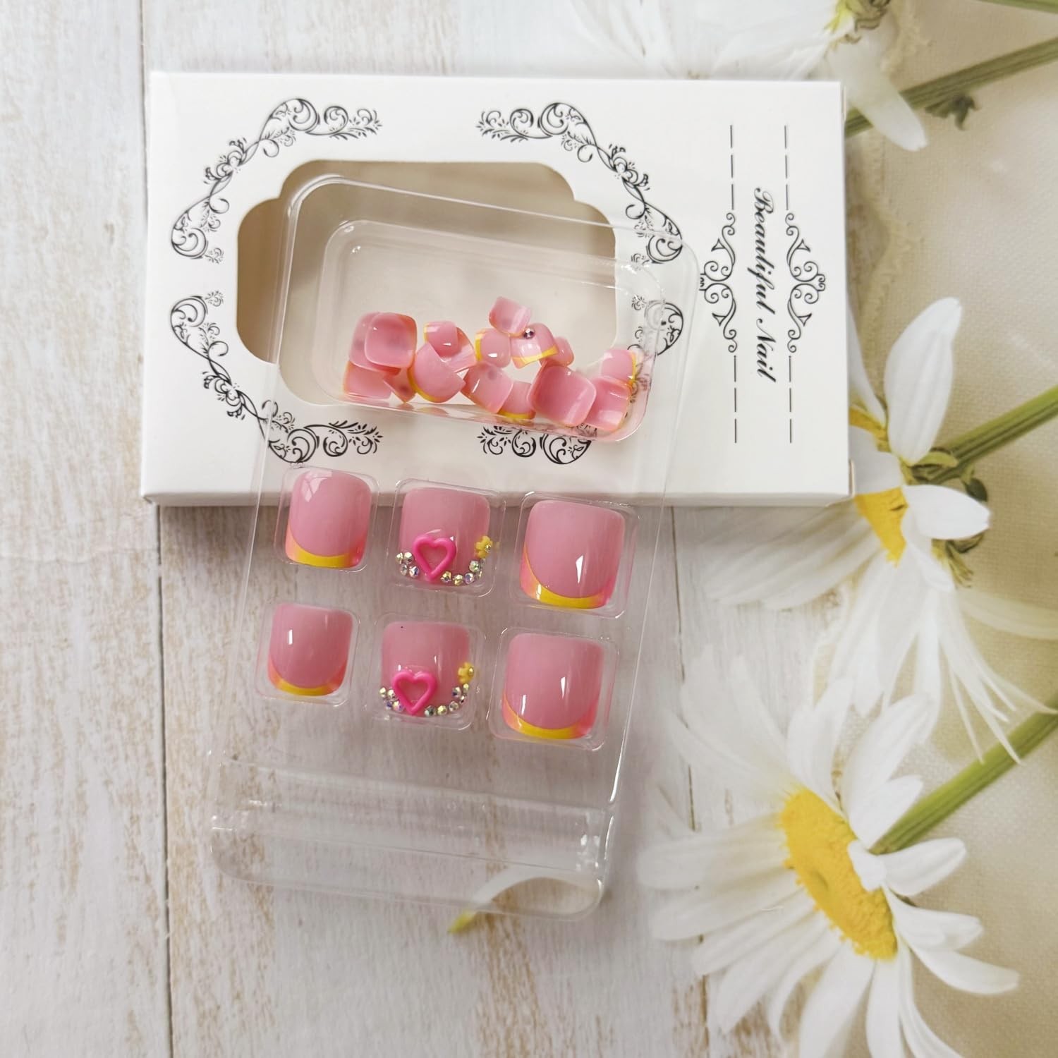 Summer French Tip Press on Toenails Short Square Colorful Fake Toe Nails Pres…