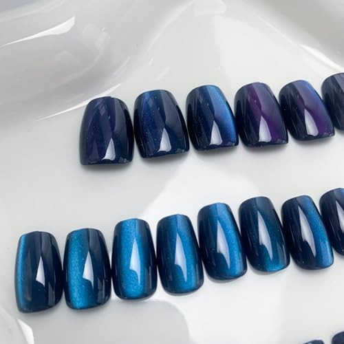 Blue Press On Nails – Short Square Cat Nails – Set of 24 – Style 23