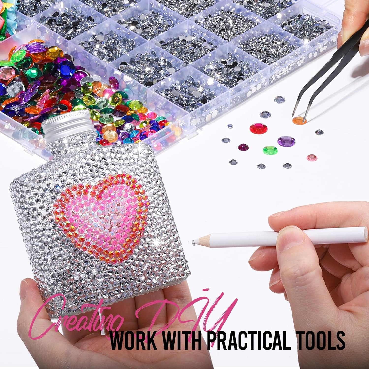 24000Pcs Silver Rhinestone Kit, Resin Rhinestones for Crafting, Multi-Colored Fl