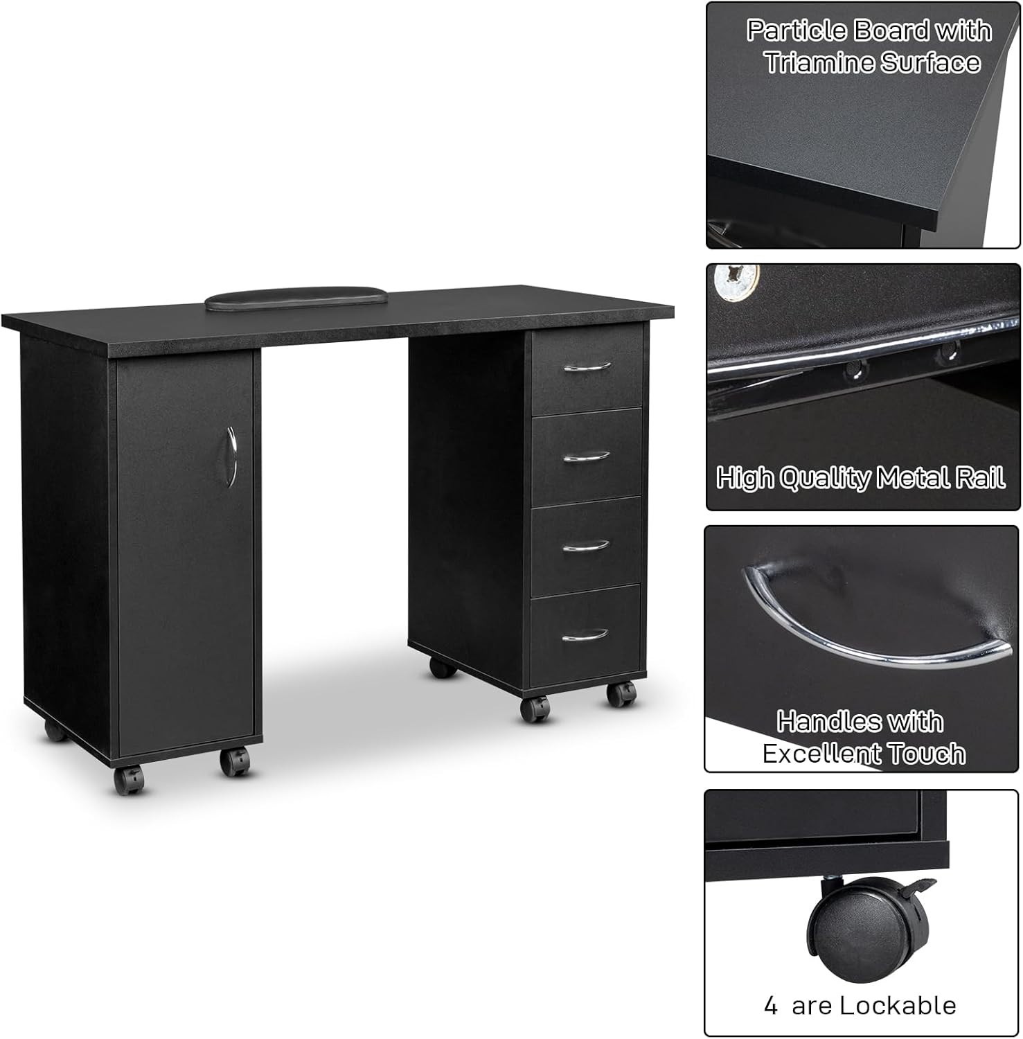Nail Beauty Manicure Table with 4 Drawers, Lockable Wheels, 2 Shelves Storage…
