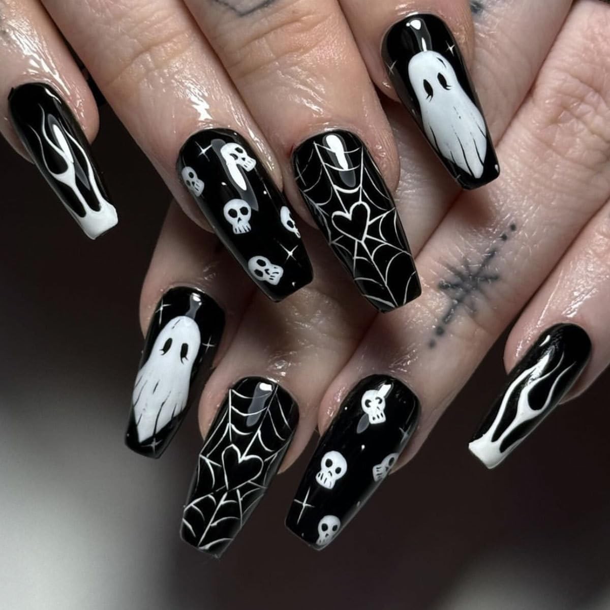 Halloween Press on Nails Long Square Fake Black Spooky Long, Style-A
