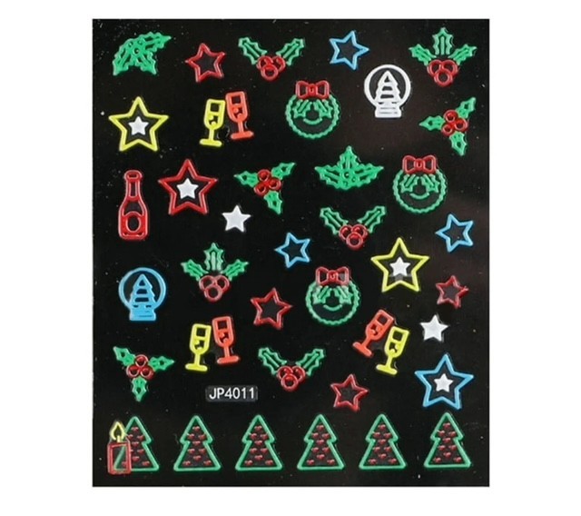 NAIL ART STICKERS 5D EMBOSSED NEON HOLLY , TREES ETC JP4011