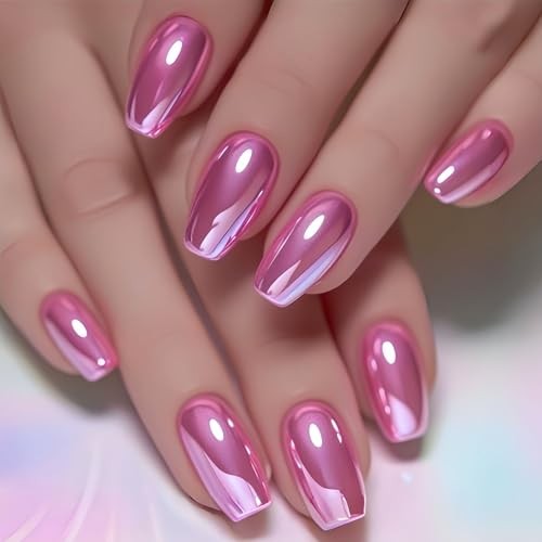 RUOKEXIN Medium Length Press on Nails Square Fake Nails Pink Square Pink 08-12
