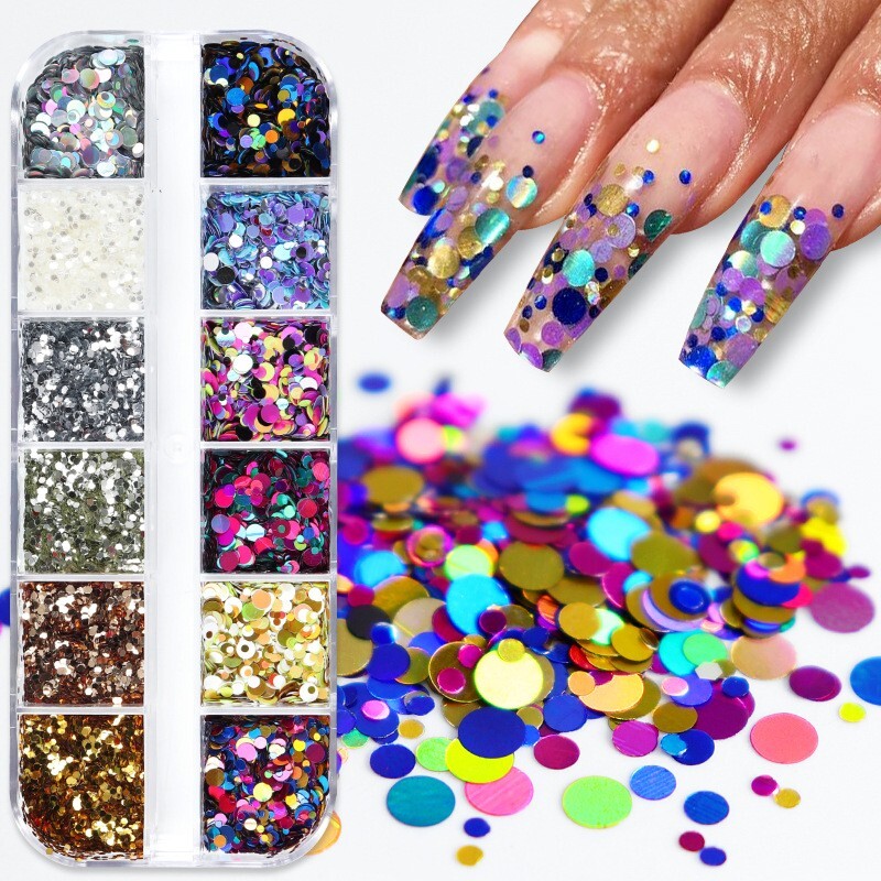 12 Grids Mixed Colors Round Dot Shape Nail Sequins Flakes Nail Art 3D Decoration