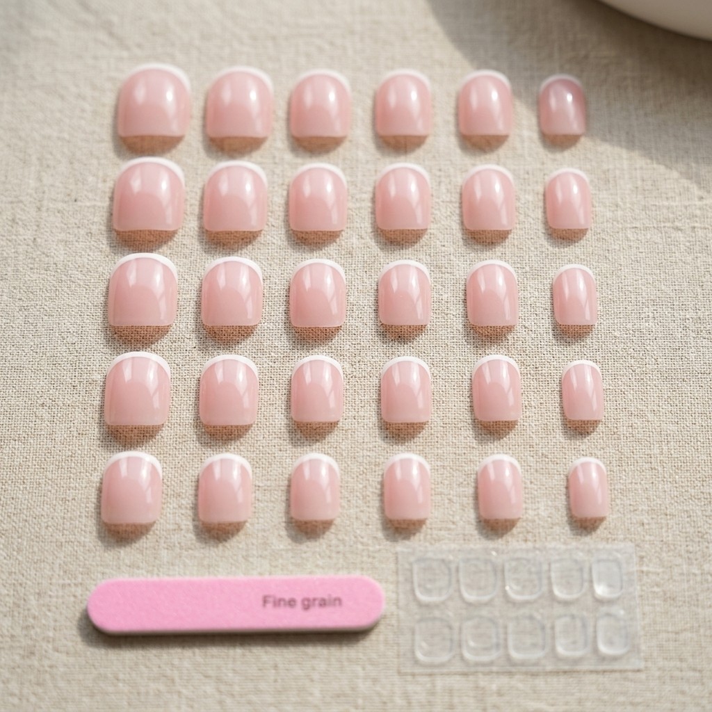 24Pcs Short Square French Tip Press On Nails Pink White False Nails