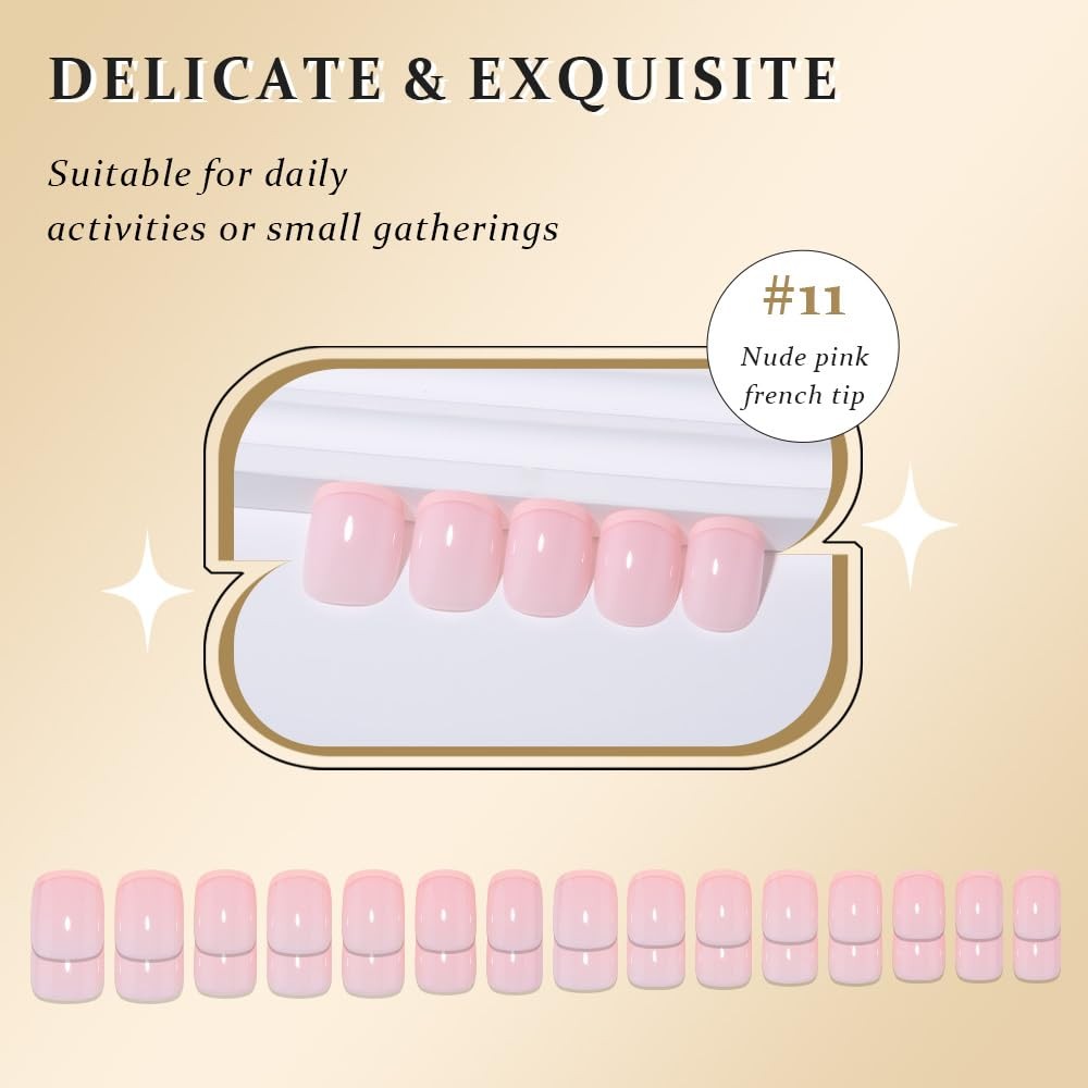 French Tips Press on Nails Nude Pink + Peach Tips Short Round (30 Count)