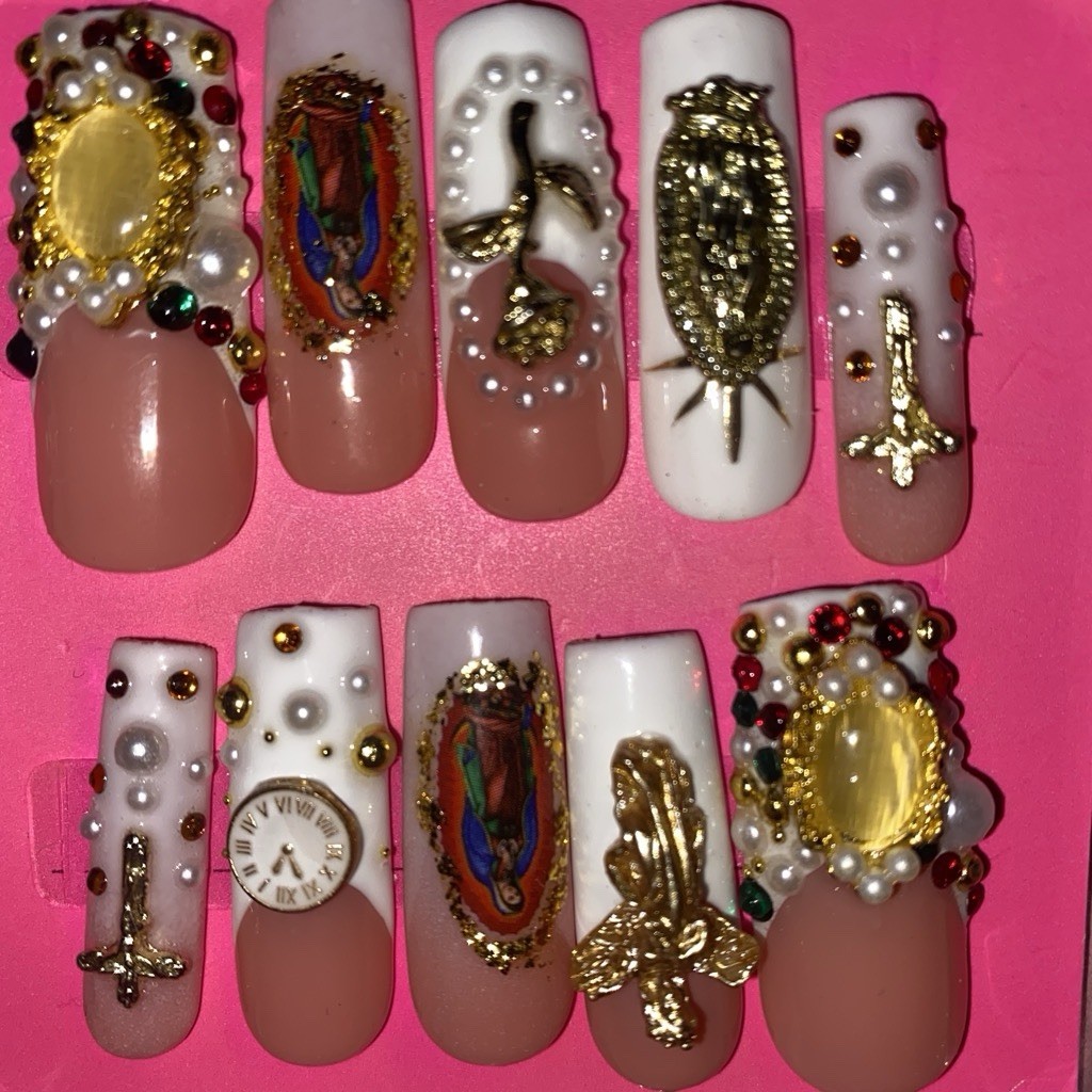 3D Religious Press-On Nails Full Cover Pre-Designed Long Square Beige White