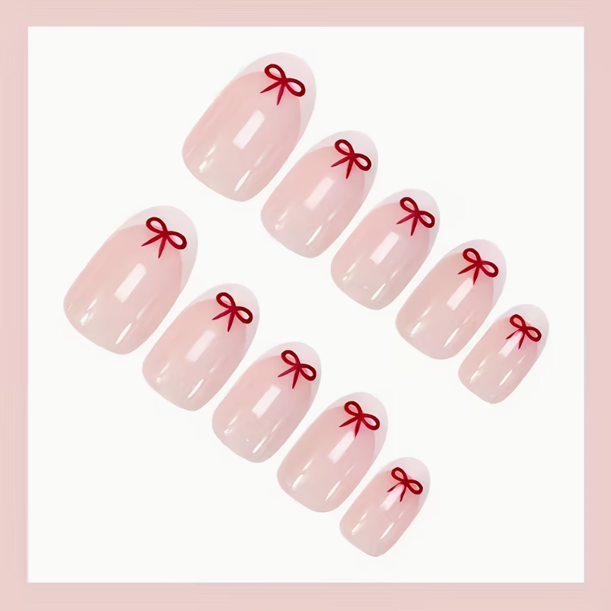 24pcs Short Oval Press-On Nail Set – Glossy White Classic with Red Bow