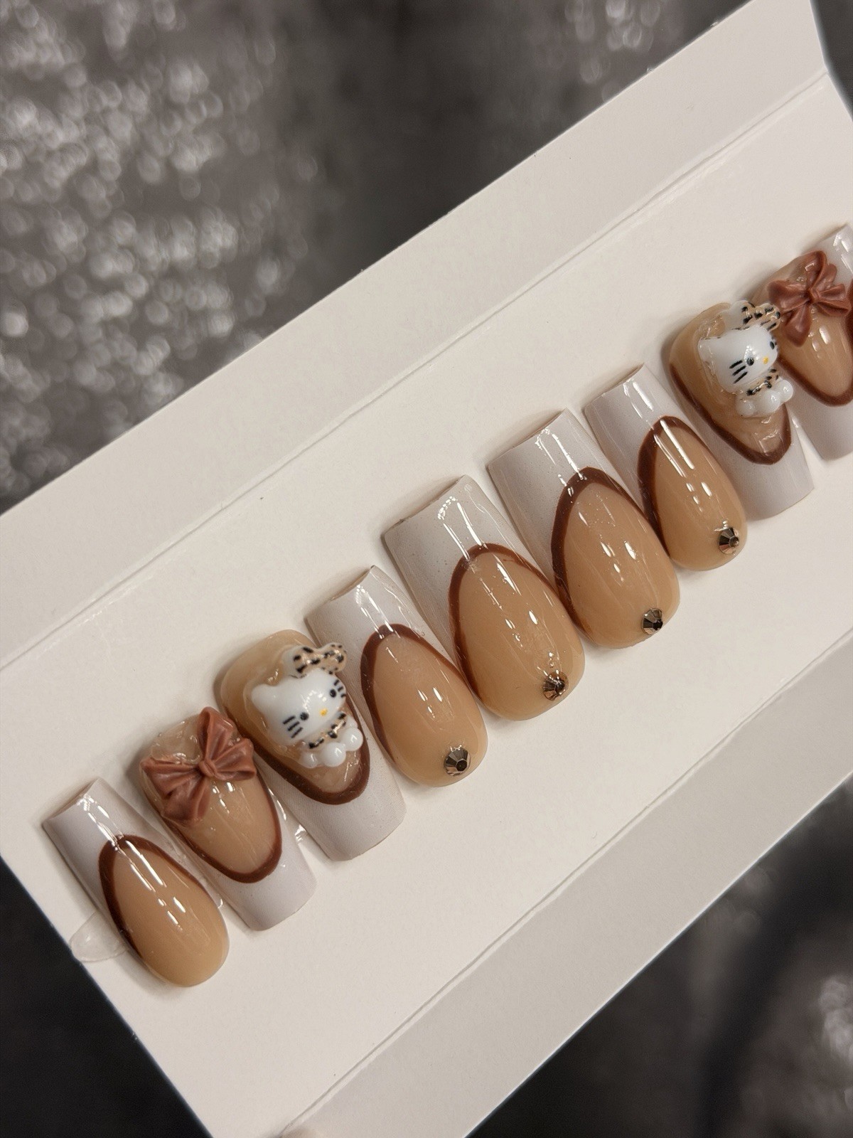 ✨ CUSTOM Press On Nails Brown Nude HELLO KITTY BLING 10p SET W Kit