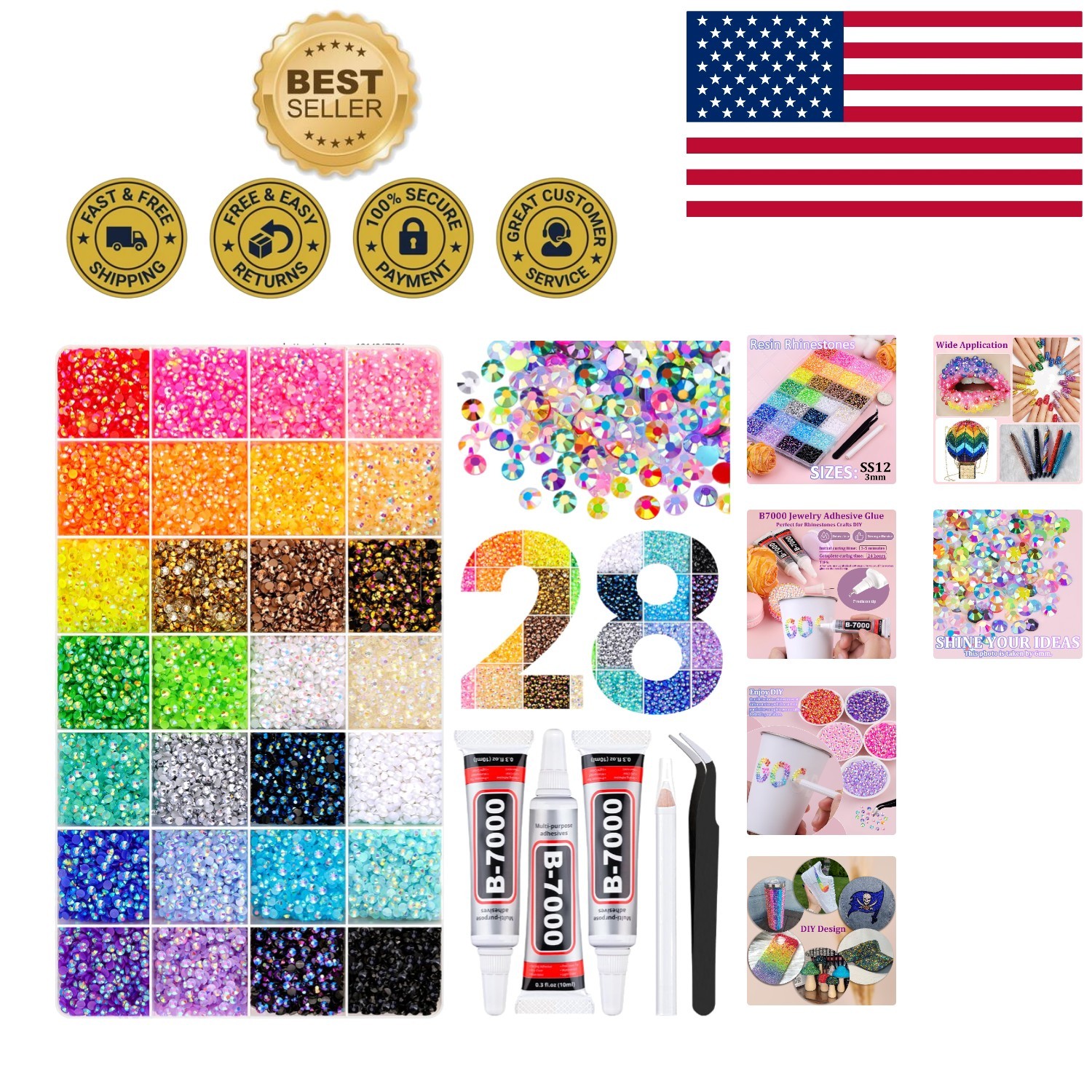 36000PCs Assorted 3mm Jelly Rhinestones & B7000 Adhesive for Dazzling Crafts