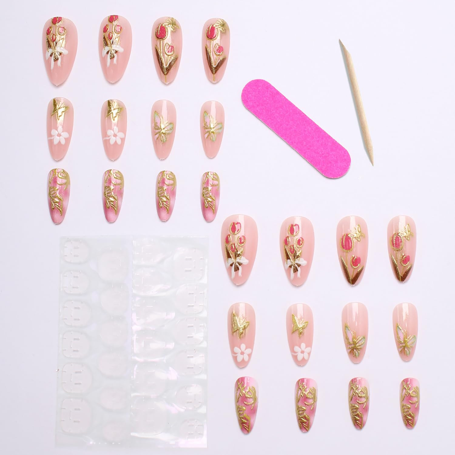 24Pcs Spring Press on Nails Medium Almond Fake Nails with 3D Gold Flower Butterf