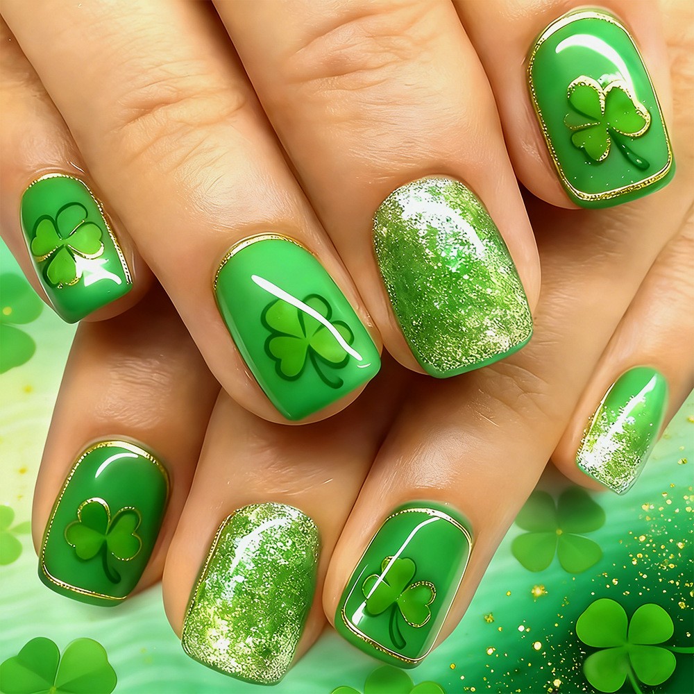24pcs Green Clover French Press-On Nails. Detachable, Fresh & Festive for Women