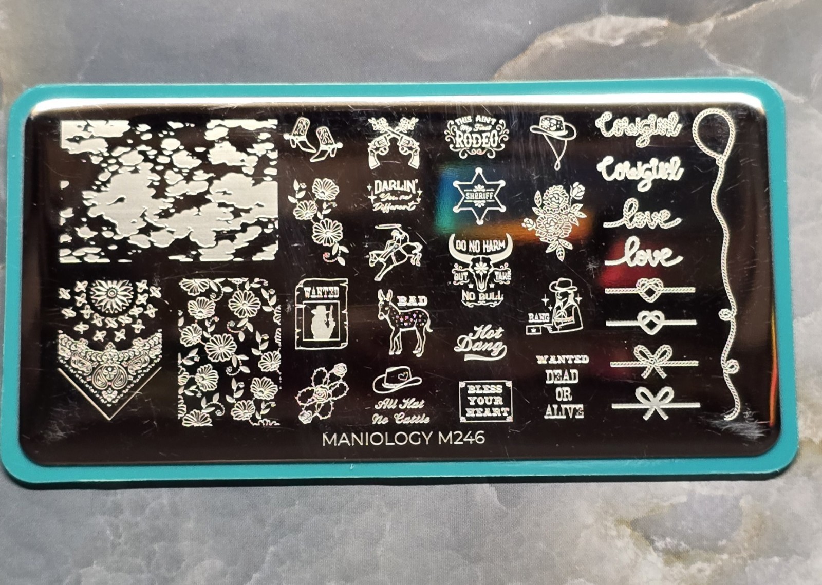 Maniology M246 Nail Stamp Plate Cowboy Gowgirl Rodeo Love Bandana Cow Bull Knot