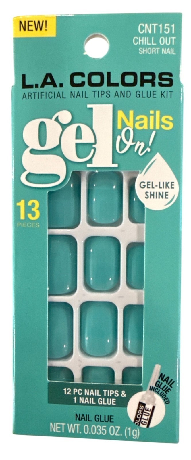 L.A. Colors GEL ON! 12 Nails CHILL OUT Short Square Glossy Cerulean Gel-like